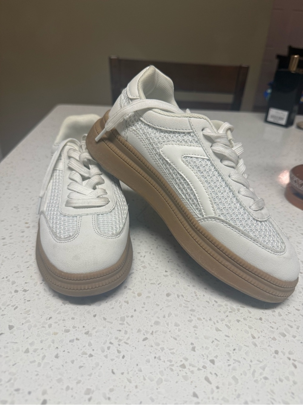 Steve Madden Women’s White Mesh & Leather Sneaker with Gum Sole